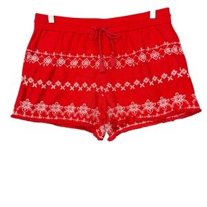 LOFT Shorts Womens Medium Red White Linen Blend‎ Boho Fringe Drawstring Waist